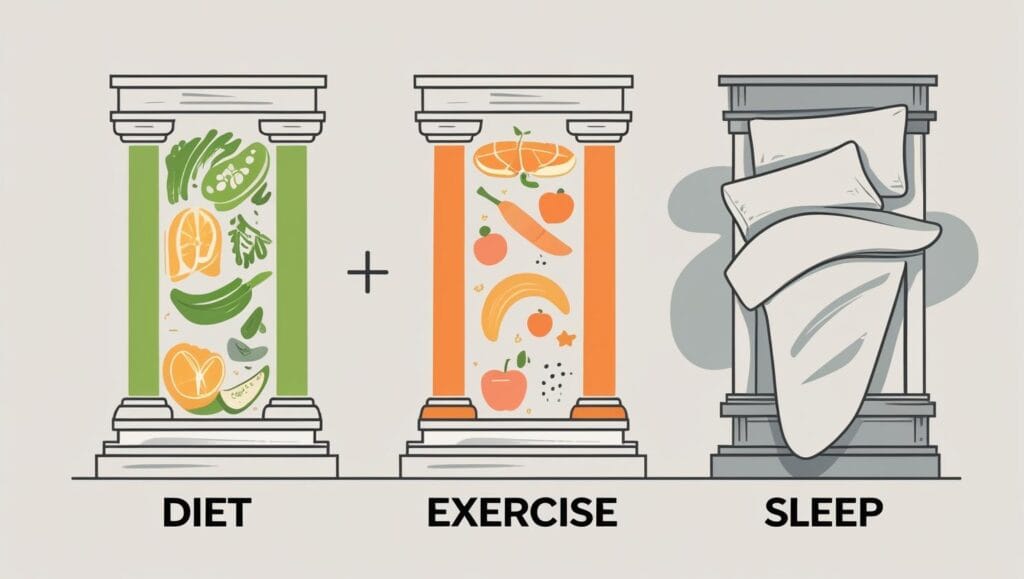 Why Sleep Is the Most Underrated Health Tool 3 Illustrated Comparison. A 3 pillar wellness diagram — showing Diet Exercise and Sleep side by side with Sleep greyed out or overlooked