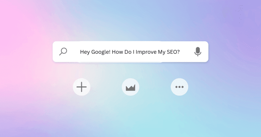 Mock Google search bar with voice query asking 'Hey Google, how do I improve my SEO?' representing voice search SEO concept